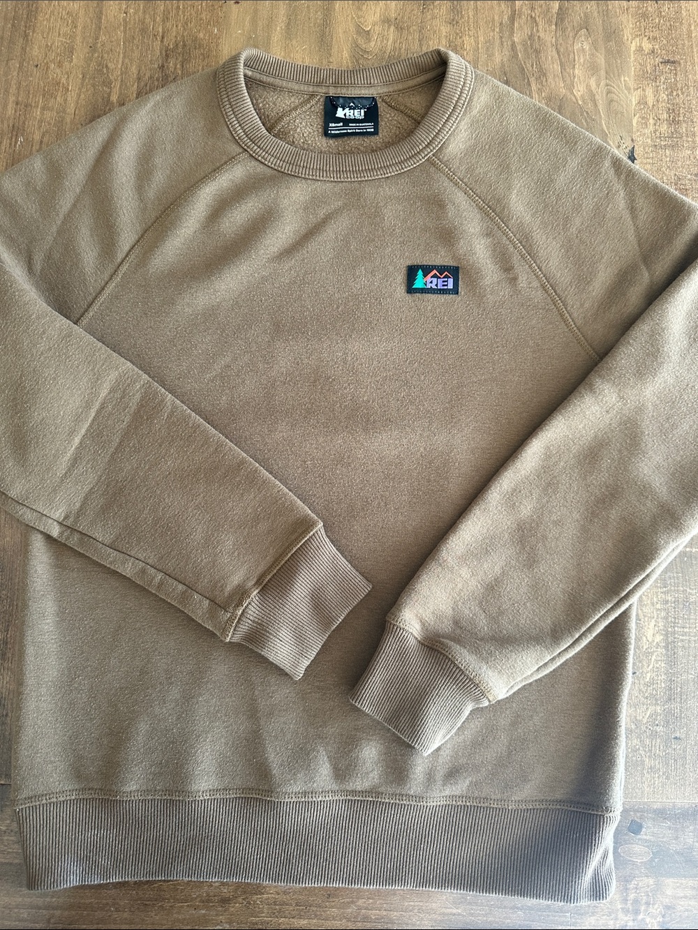 REI Kids Crewneck Sweatshirt in Tan Brown with Logo Patch